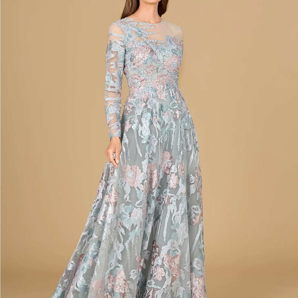 LARA Blue and Silver Off the Shoulder Bishop Sleeve Gown